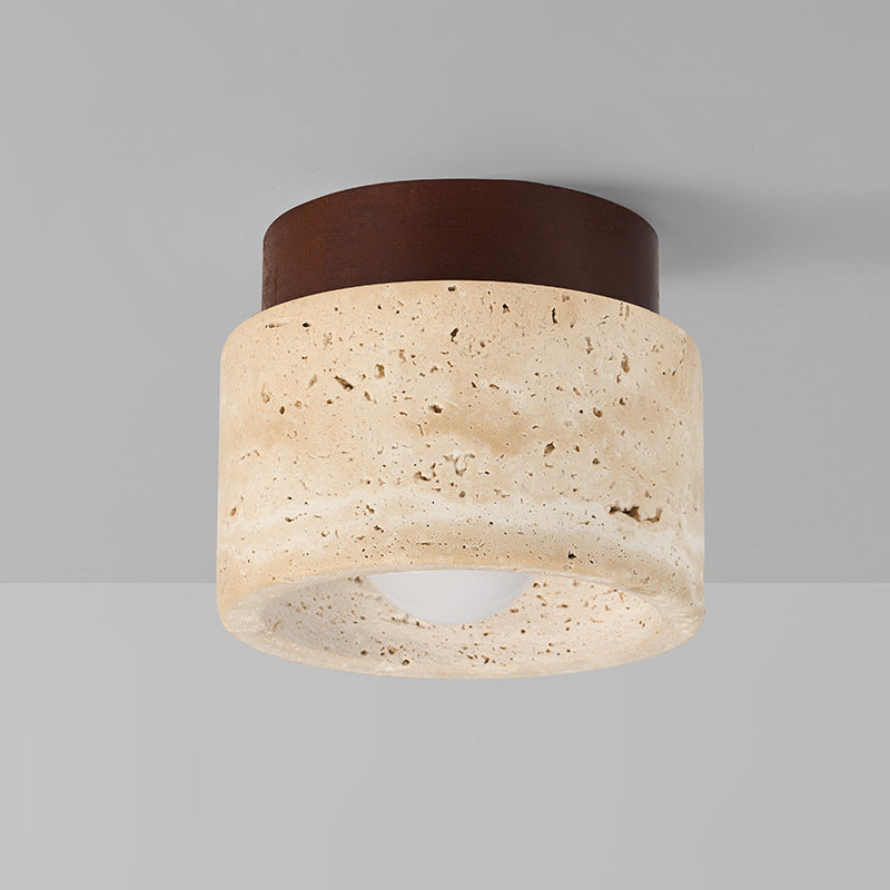 Wabi-Sabi Travertine Ceiling Light - Natural Stone & Wood Flush Mount Fixture TMS