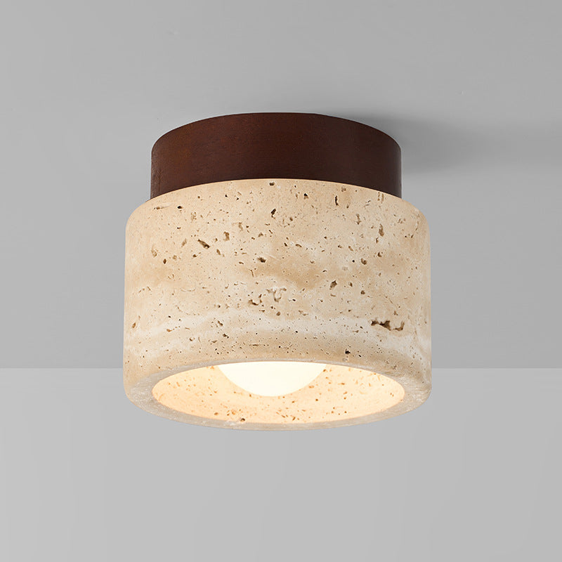 Wabi-Sabi Travertine Ceiling Light - Natural Stone & Wood Flush Mount Fixture TMS
