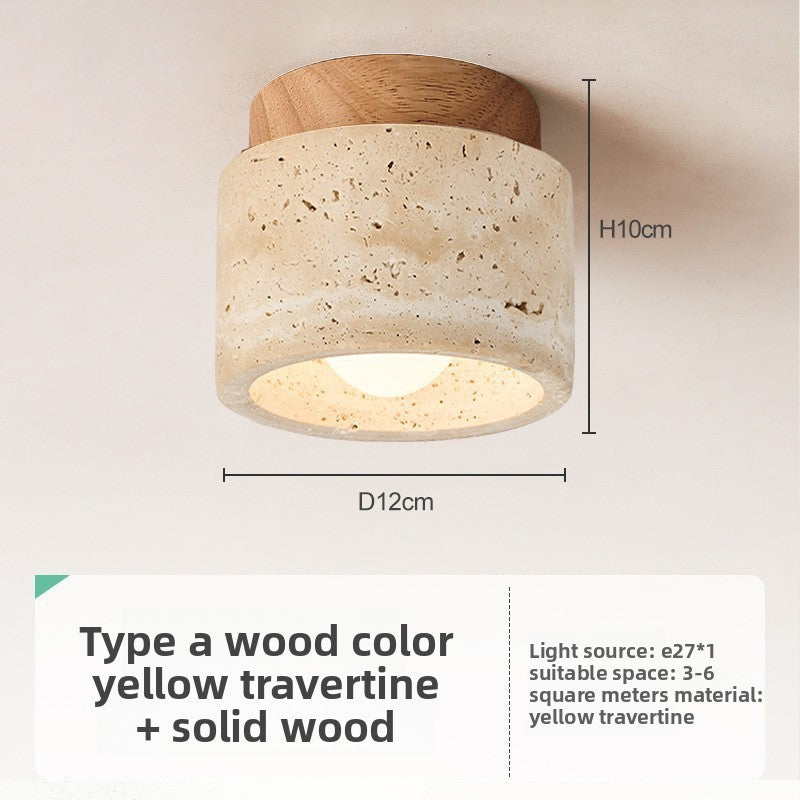 Wabi-Sabi Travertine Ceiling Light - Natural Stone & Wood Flush Mount Fixture TMS