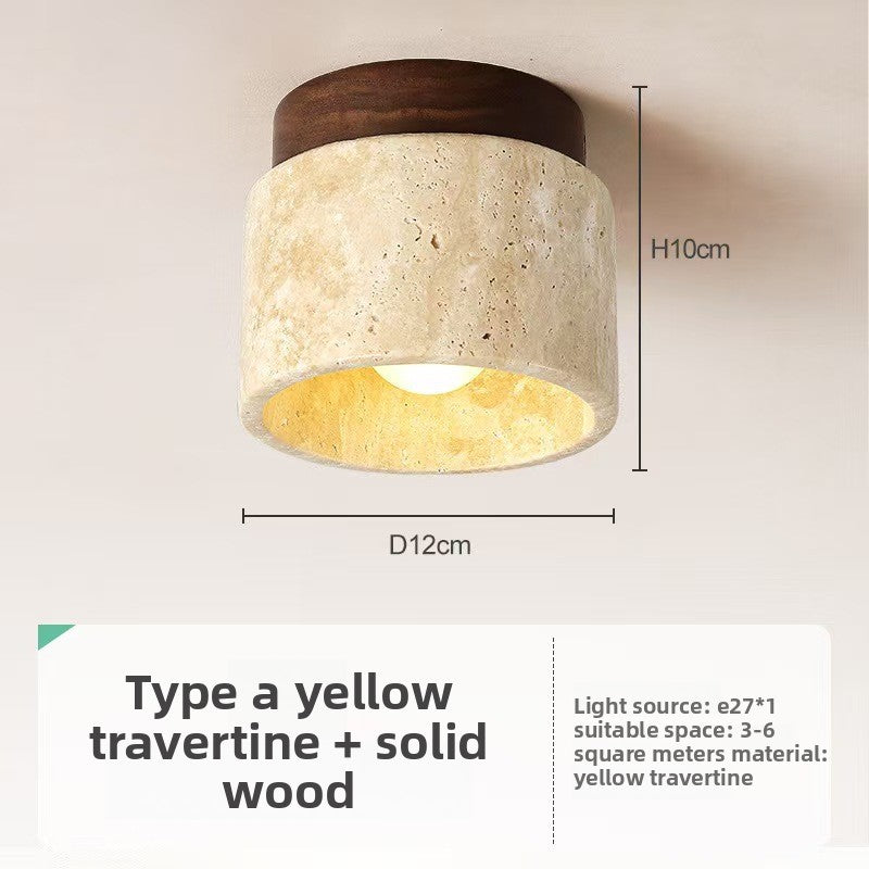 Wabi-Sabi Travertine Ceiling Light - Natural Stone & Wood Flush Mount Fixture TMS