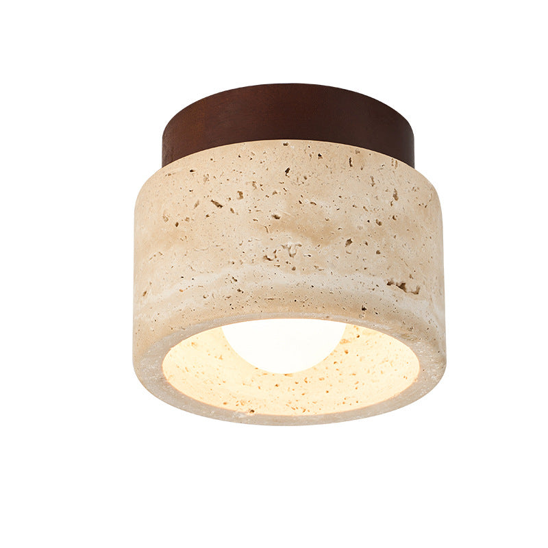 Wabi-Sabi Travertine Ceiling Light - Natural Stone & Wood Flush Mount Fixture TMS