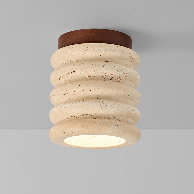 Wabi-Sabi Travertine Ceiling Light - Natural Stone & Wood Flush Mount Fixture TMS